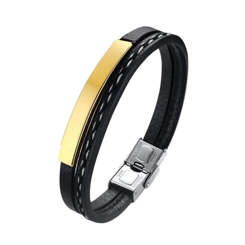 Bracelet (leather & steel) – Gold tone (BR263)