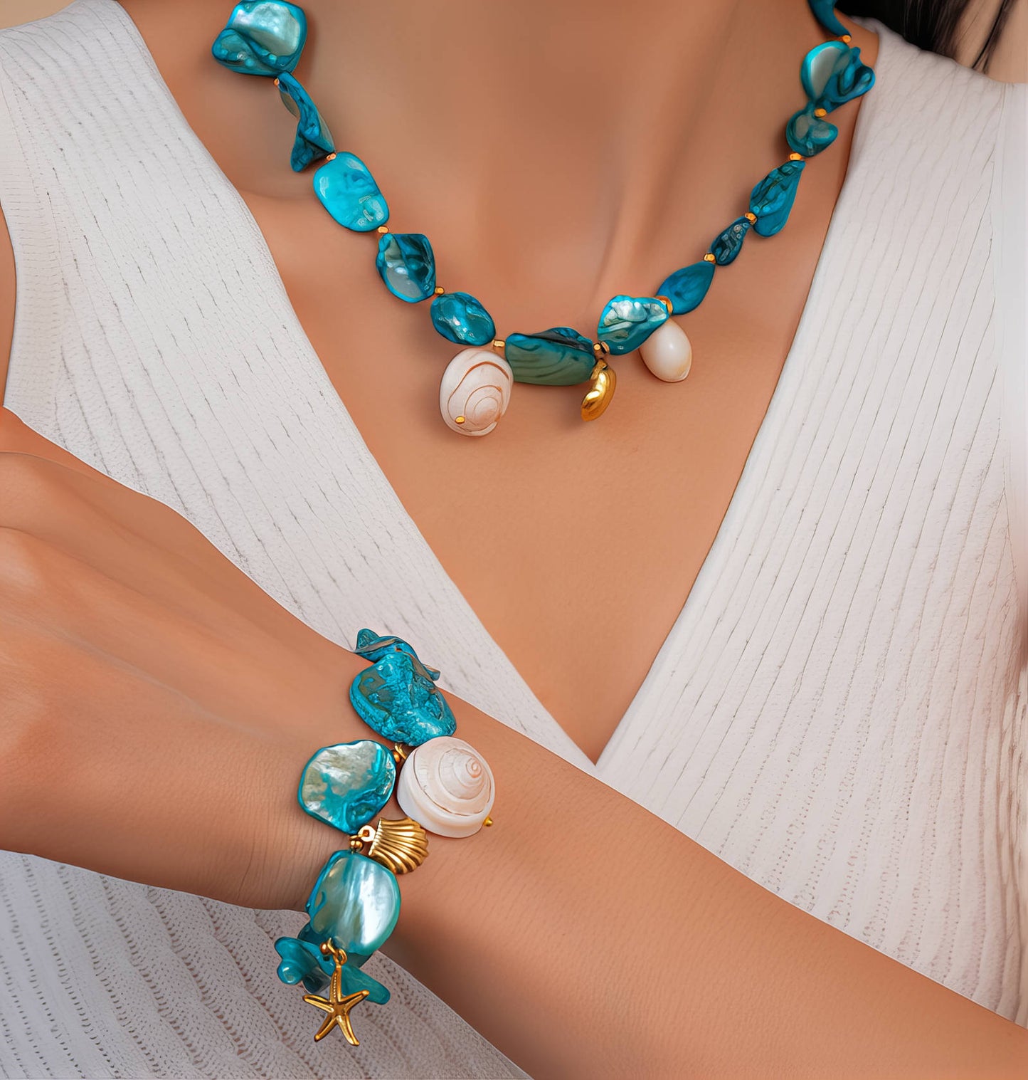 18K Gold Plated Steel Starfish and Seashell Bracelet, Longevity - GREEN LIFE CYPRUS