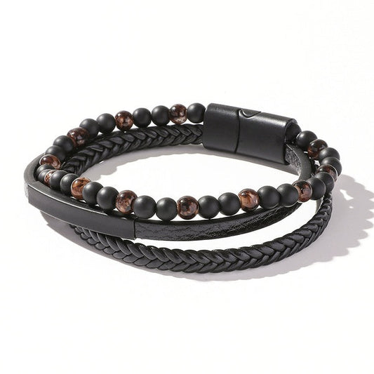Leather & bead bracelet with steel clasp (BR129)