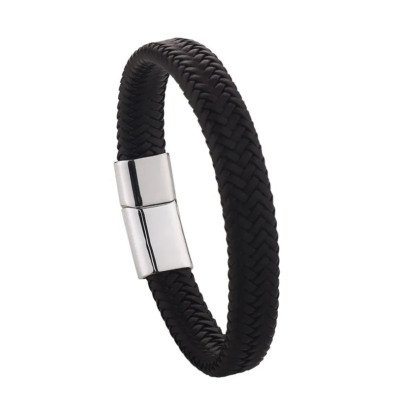 Men’s black leather bracelet with silver-tone details (BR024)